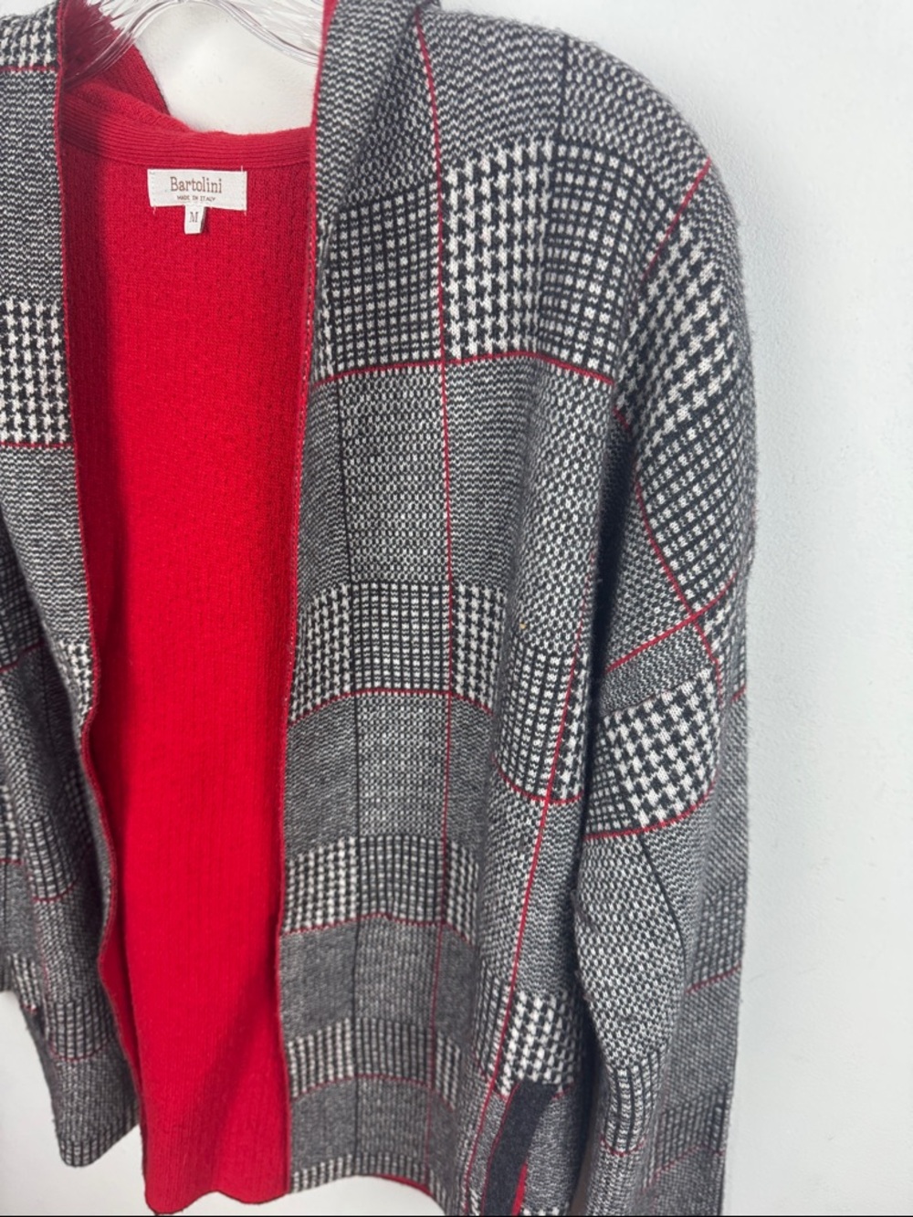 Bartolini Plaid Hooded Cardigan with Red Lining - Picture 3 of 6